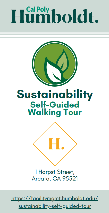 Intro slide shows the front cover of print trifold for the self-guided walking tour. It has light green/grey at top, with title in the middle and a circle with two leaves as the emblem for sustainability. 