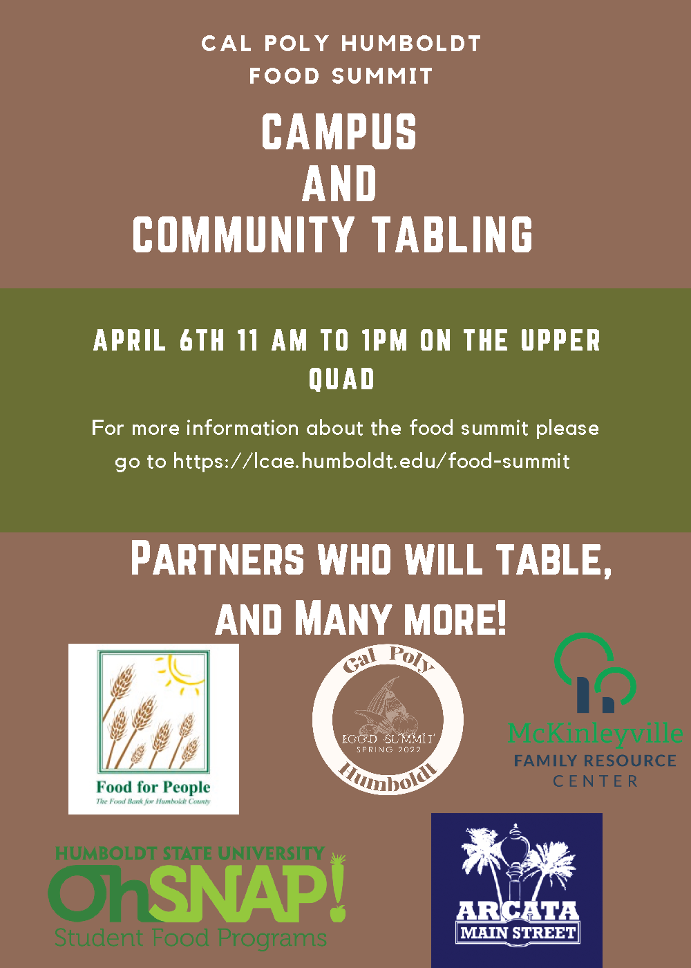 Campus & Community Food Summit Tabling Event April 6 11am to 1pm Upper Quad
