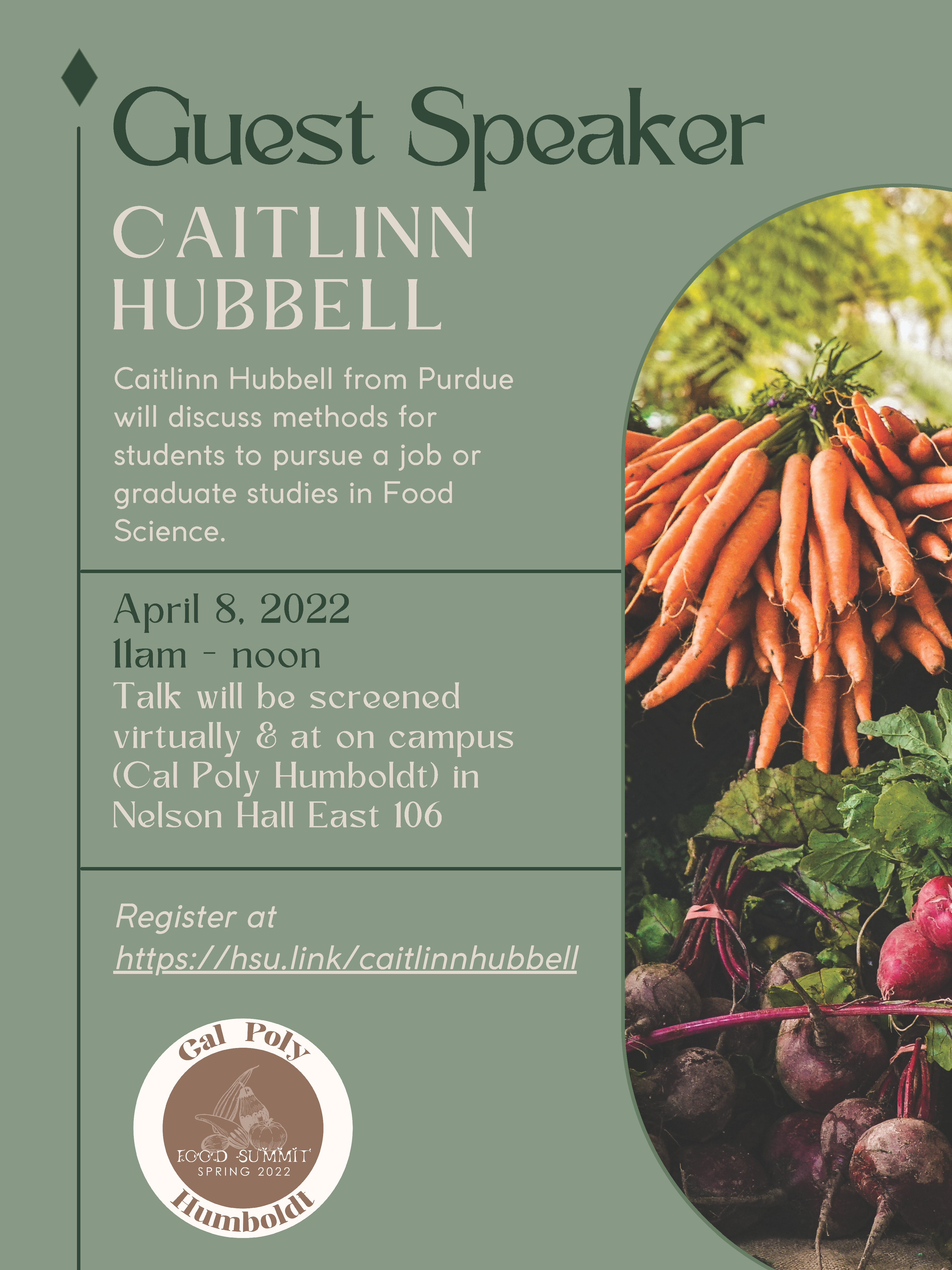 Virtual Guest speaker Caitlinn Hubbell: Methods for getting a job in food or agriculture 11am – noon  screened live in Nelson Hall 106- register at https://hsu.link/caitlinnhubbell 