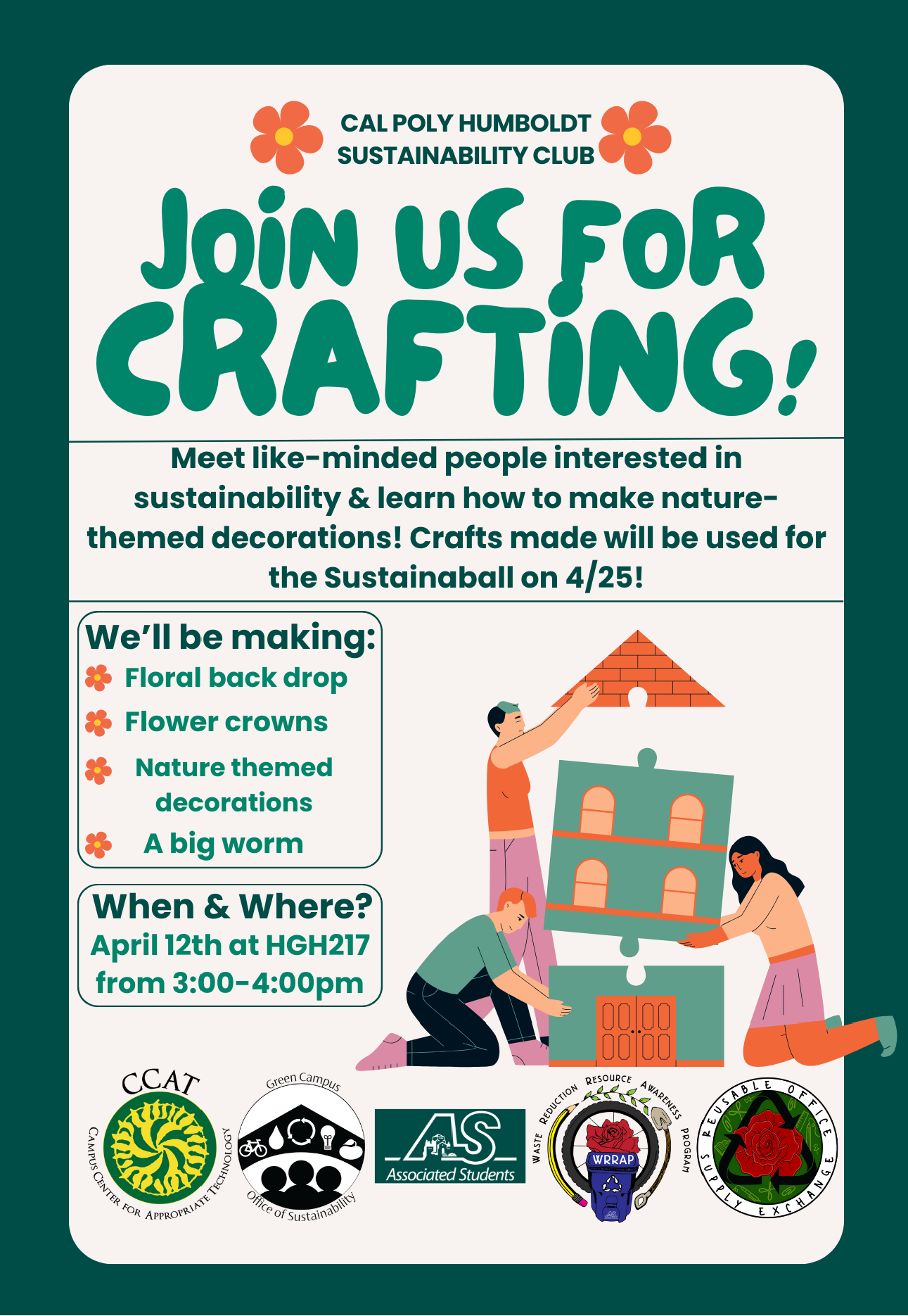 Flyer is for Sustainability Club Crafting April 12 2024 3-4pm in HGH 217