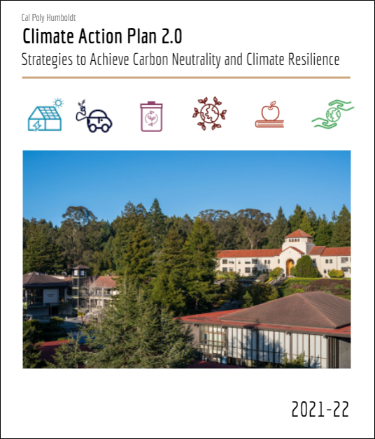 Title Page of the Climate Action Plan 2.0 With Photo Of The Cal Poly Humboldt Campus