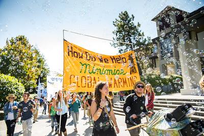 Students participating in a climate march at Humboldt outside the Library. 