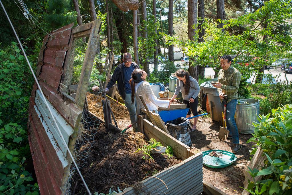 Photo shows students shoveling compost and laughing standing outside their outdoor, wood compost pile. 