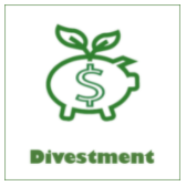 Image is an icon for Divestment with a piggybank symbol, with a dollar sign inside it and a plant growing from the top. 
