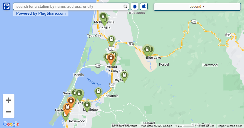 Picture of a map of public electric vehicle charging locations around the Humboldt Bay