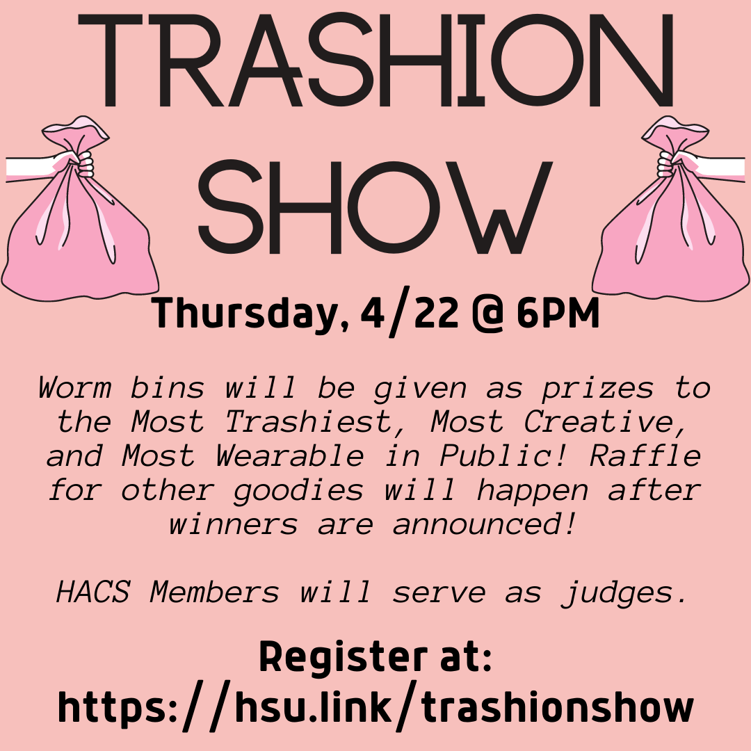 Image shows text against a pink background with pink dress icons on the left and right sides. Text describes the Trashion Show event on 4/22