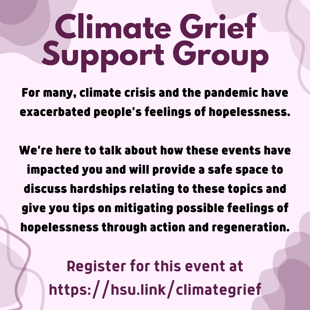 Image shows text against a purple background with purple wavy lines and shapes in the corners and is an ad for a Climate Grief Support Group. 