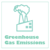 Image is an icon for Greenhouse Gas Emissions with a building and two smoke stacks. 