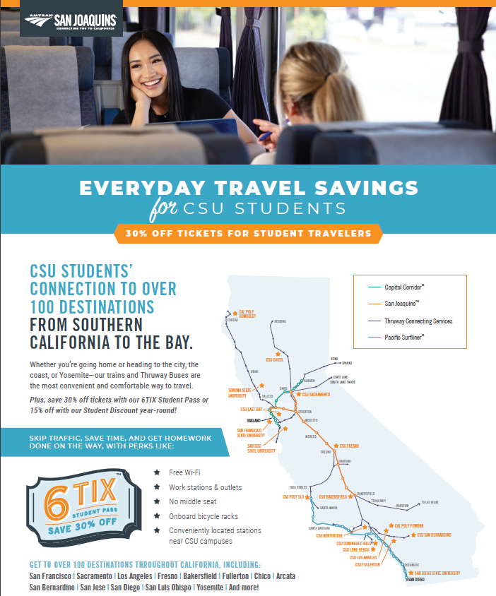 Flier announcing 30% off tickets for student travelers on Amtrak in California