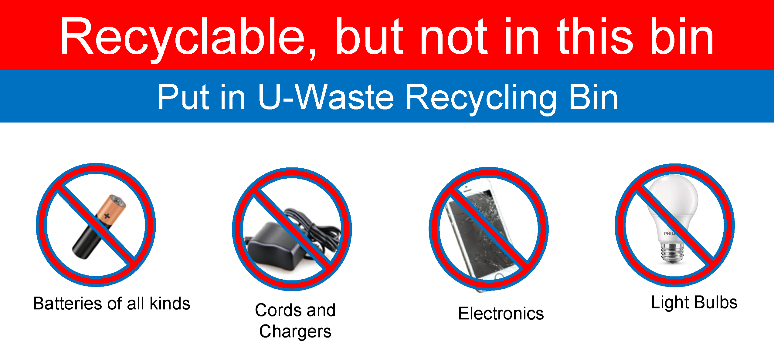 List of items that can be recycled in the universal waste bin, but not in the mixed recycling bin
