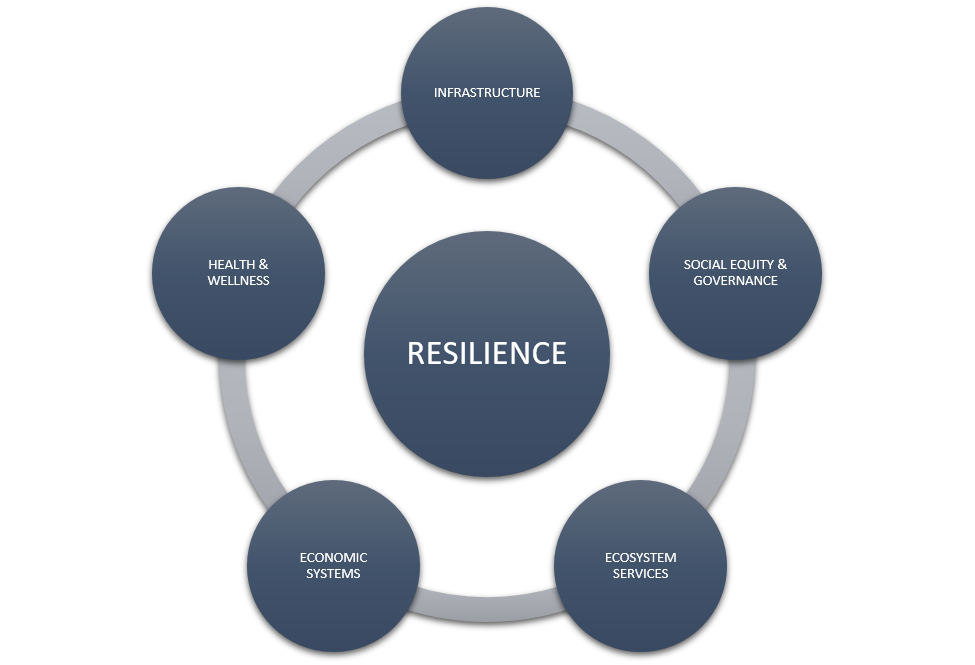 Graphic of intersectional dimensions of resilience: Infrastructure, Social Equity, Ecosystem Services, Economic Systems, and Health& Wellness
