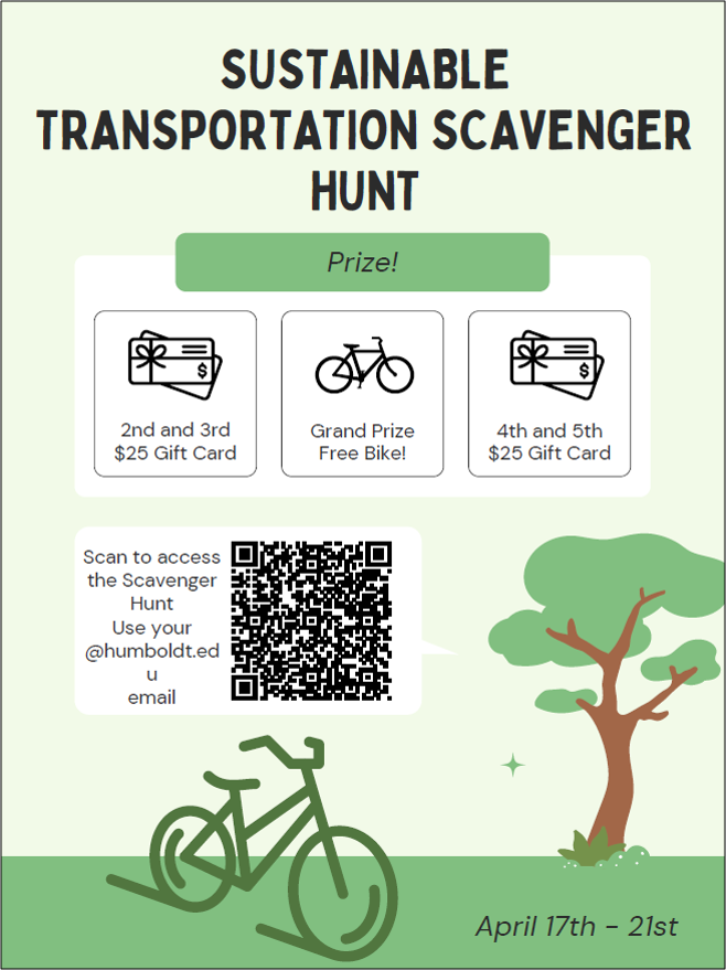 Go to https://forms.gle/XEBoAfPezgcYRPS97 for instructions on participating in the Sustainable Transportation Scavenger Hunt
