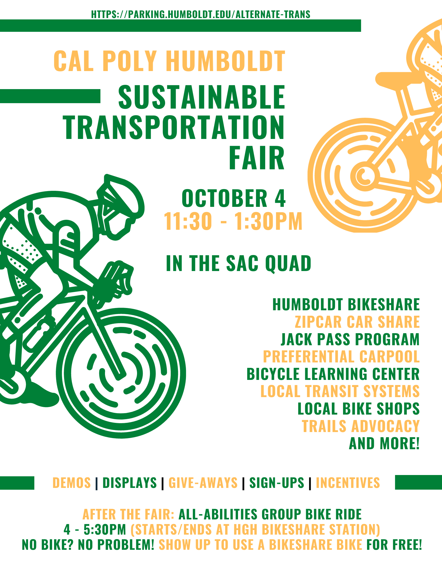 Flyer for the 2022 Sustainable Transportation Fair, which will showcase community and campus services that provide healthy, low cost and environmentally friendly transportation options.