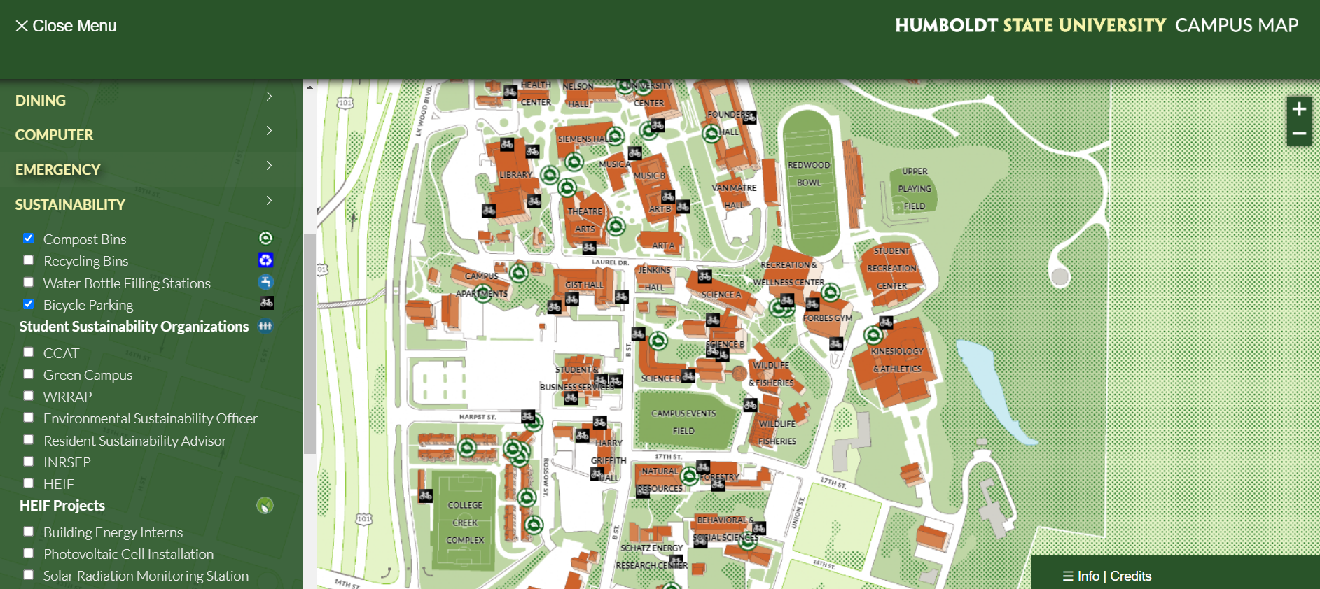 Sustainability layers for compost and bike parking are displayed via small iconography on a campus map. 