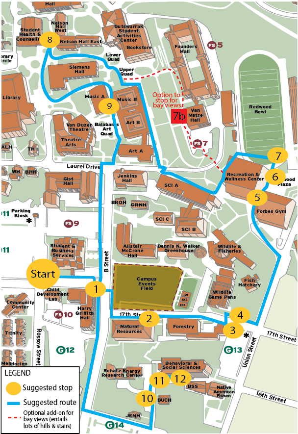 Image shows a map of the Cal Poly Humboldt campus with a blue loop showing a walking path to see sustainability projects (which are marked in yellow dots). 