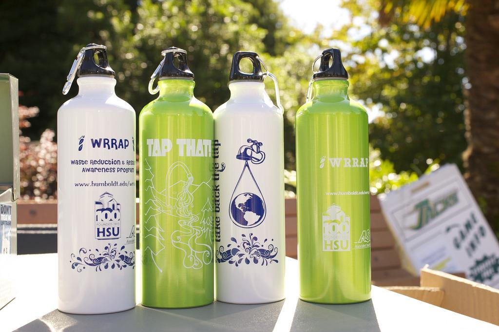 Four stainless steel water bottles stand in the sun. The exterior bottle colors are alternating white, and then bright green, then white then bright green.
