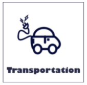 Image is an icon for Transportation with a car facing right and an electric plug coming out the back 