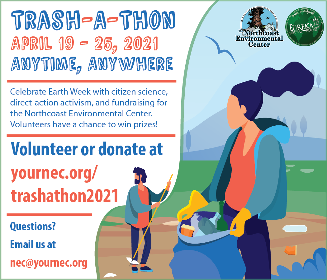 Image shows graphics of people picking up trash and is an ad for Trash-a-thon, an event hosted by the Northcoast Environmental Center. 