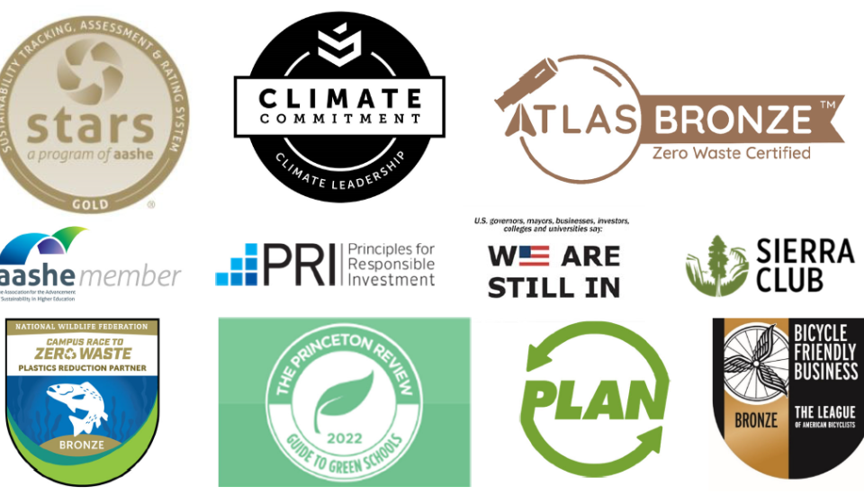 Image shows a collection of icons symbolizing different sustainability awards, recognition, and membership that Humboldt holds.
